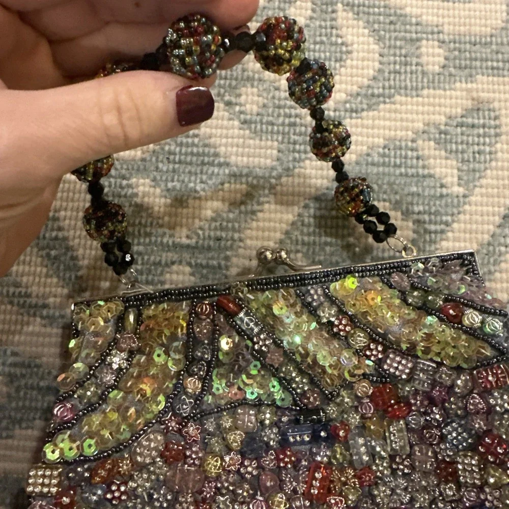 Vintage Colorful Beaded Handbag Black Fabric Satin Lining Multicolored Beads‎